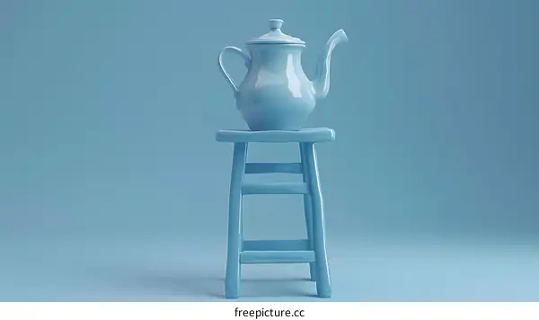 Blue Teapot on a Stool Minimalist 3D Render