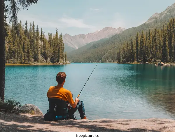 Man Fishing On A Lake Surrounded By Mountains