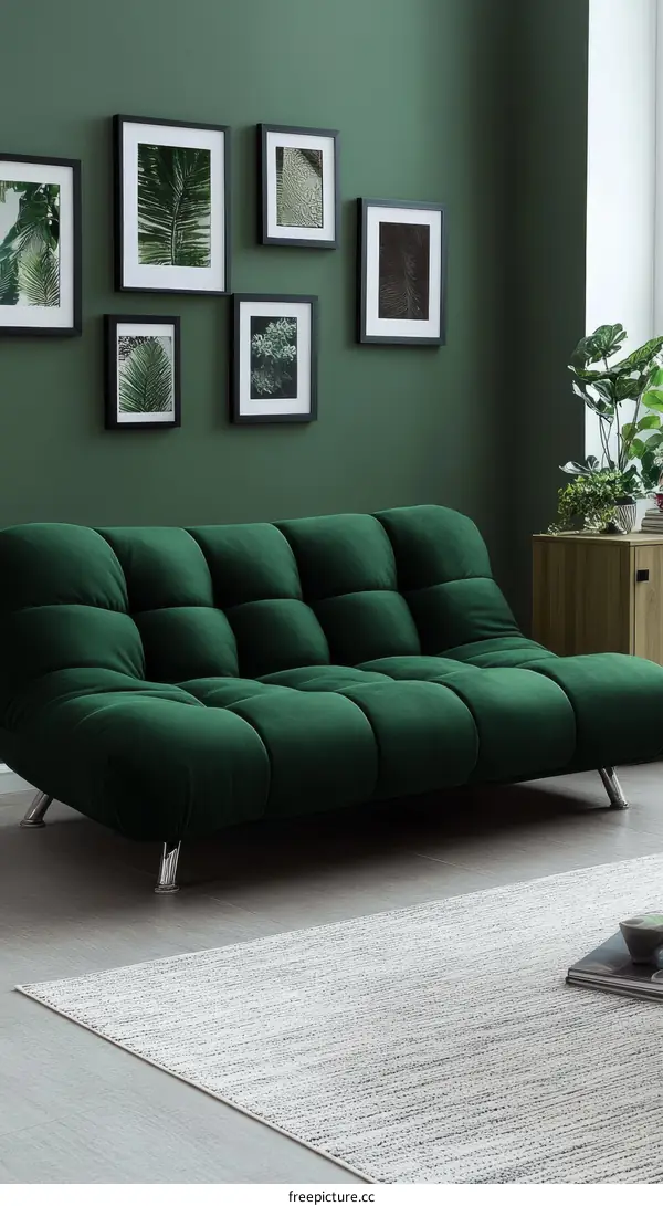 Modern Green Velvet Sofa in a Stylish Living Room