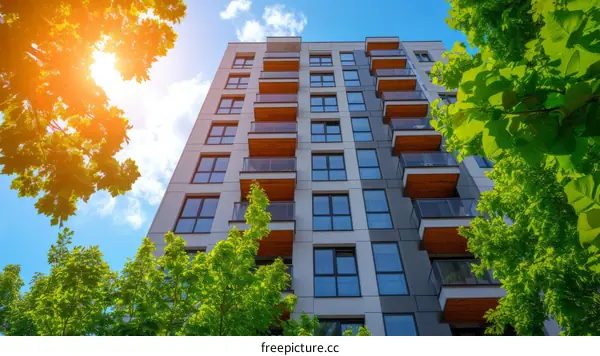 Balconies of a modern apartment building with trees in front of it