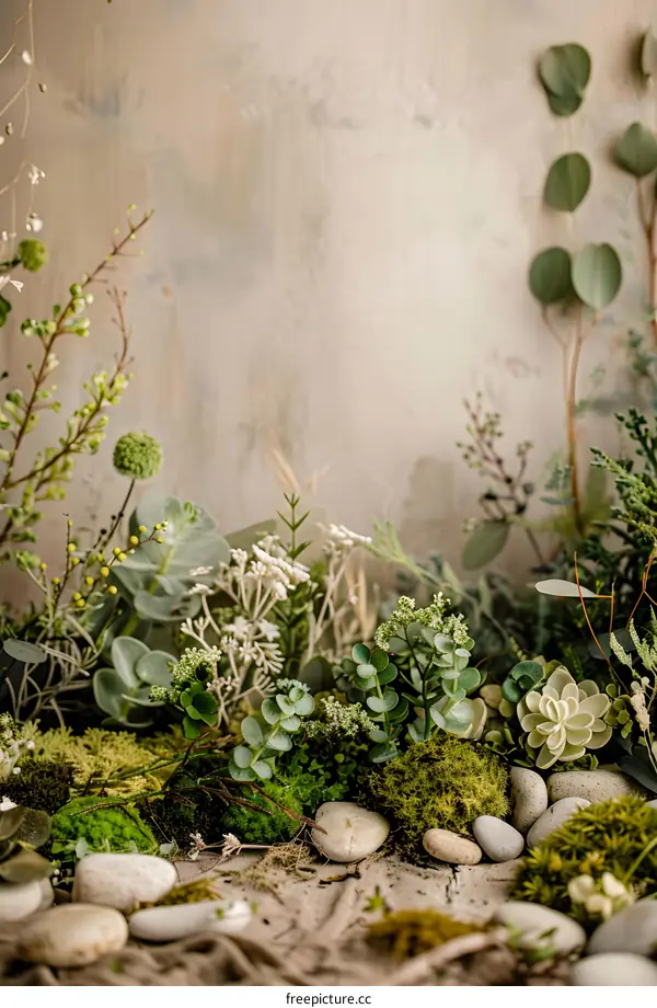 Green Floral Arrangement With Stones And Moss On A Beige Background