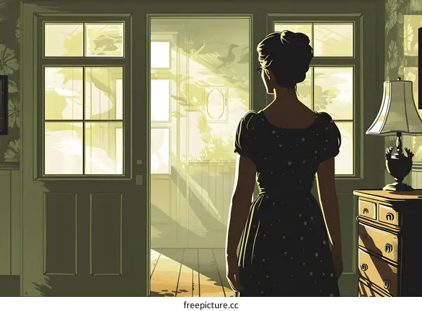 A woman standing in a doorway looking out