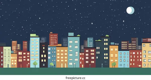 Nighttime Cityscape Illustration With Stars And Moon