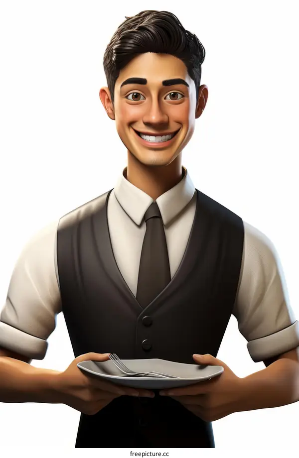 Happy Waiter Serving Food with a Fork
