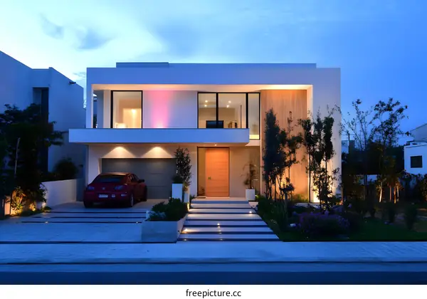 Modern White House with Wooden Accents and Landscaping