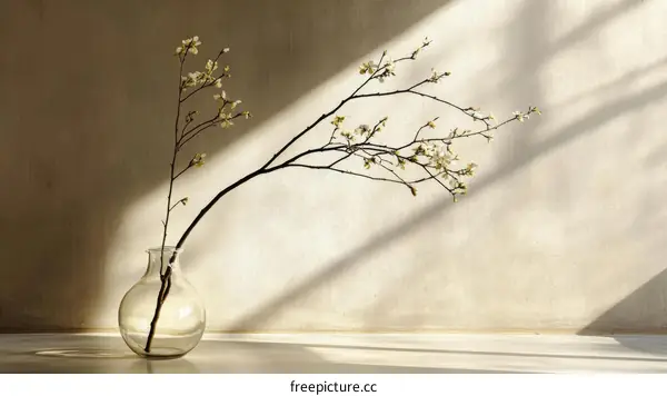 Delicate Blossom Branch in Vase Against a Light Beige Wall
