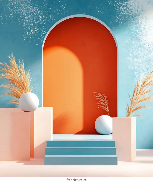 Abstract Minimalist Background with Arch, Steps and Spheres