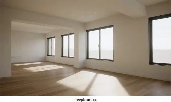Bright and empty room with large windows and wooden floors