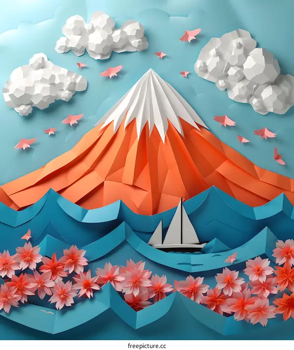 origami paper illustration of mount fuji and cherry blossoms