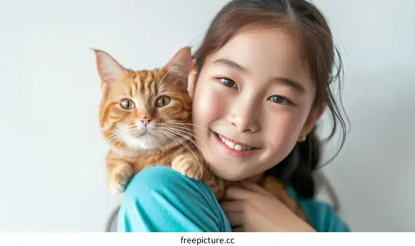 A young girl with a cat on her shoulder