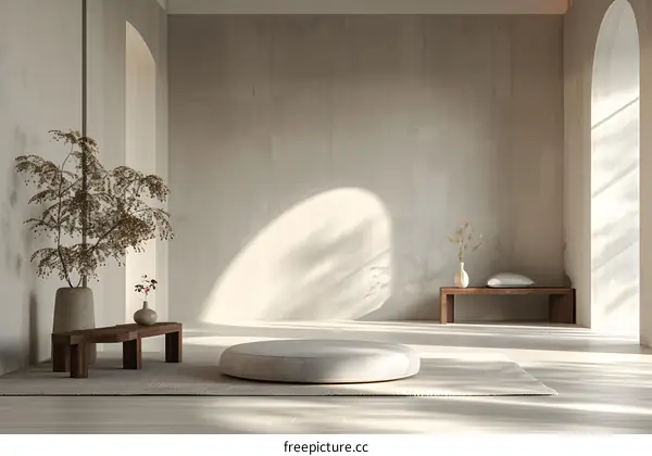 A Japanese wabi-sabi style home design, with wood and rattan elements, concrete walls, wooden floors, and an overall sense of peace and tranquility.