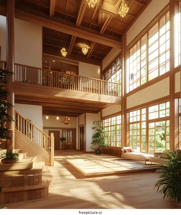 Modern Japanese Style Home Interior Design With Wooden Staircase And Large Windows