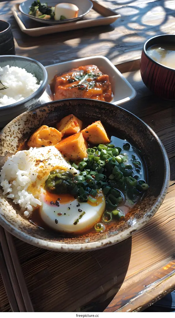A delicious Japanese meal with rice, egg, tofu, and vegetables