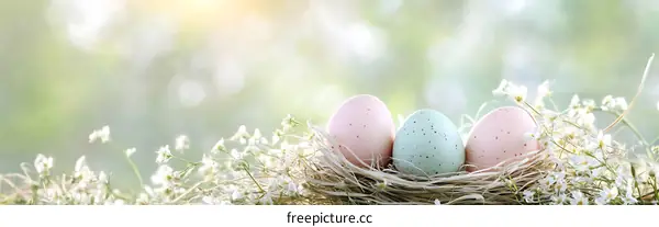 Easter Eggs in a Nest with Spring Flowers
