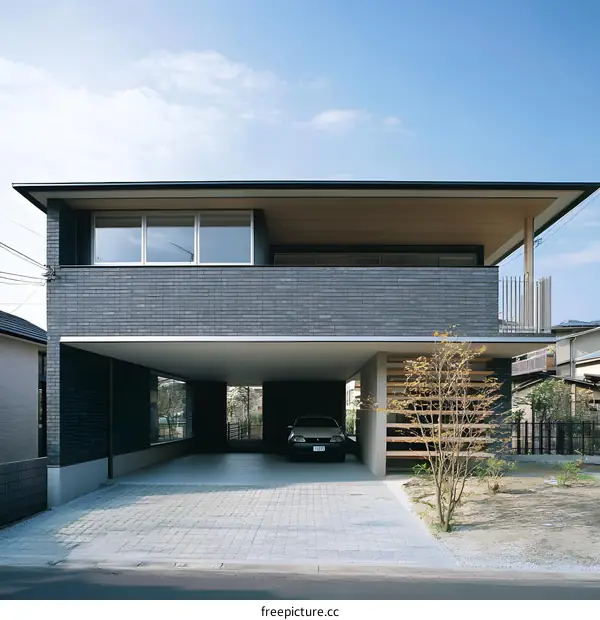 Modern Brick House with Overhanging Second Floor and Garage