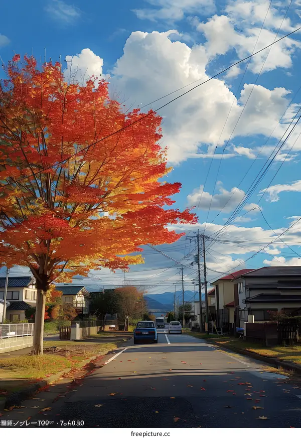 Autumn Leaves and Blue Sky in Japanese Neighborhood