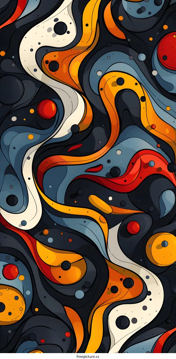 Abstract Illustration with Wavy Lines and Circles in Orange, Red, Blue, White, and Black