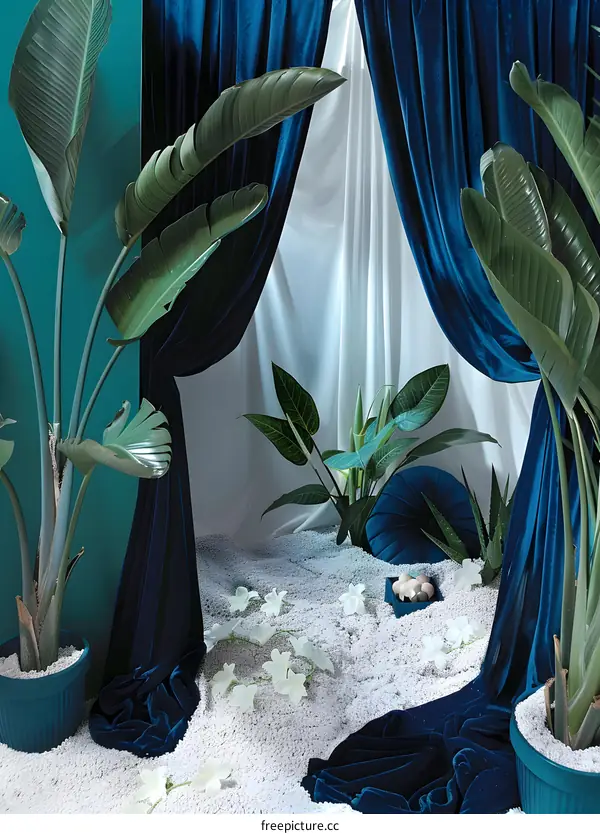 Blue Velvet Curtains and Tropical Plants in a Minimalist Setting