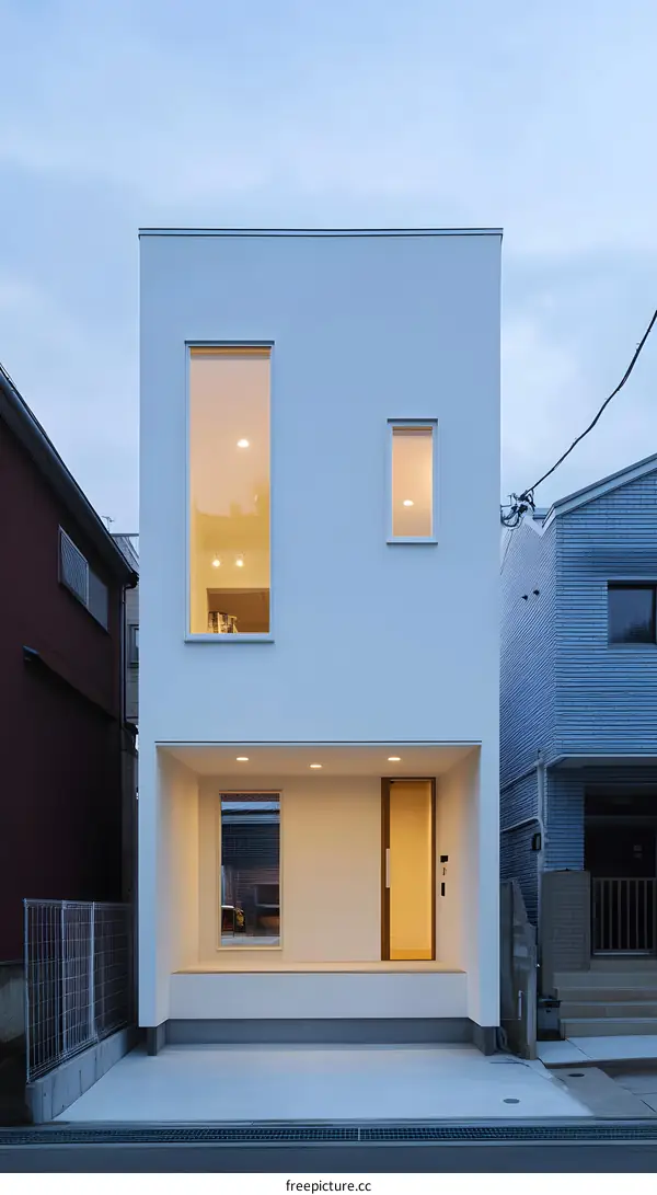 Minimalist White House with Large Windows and Small Patio