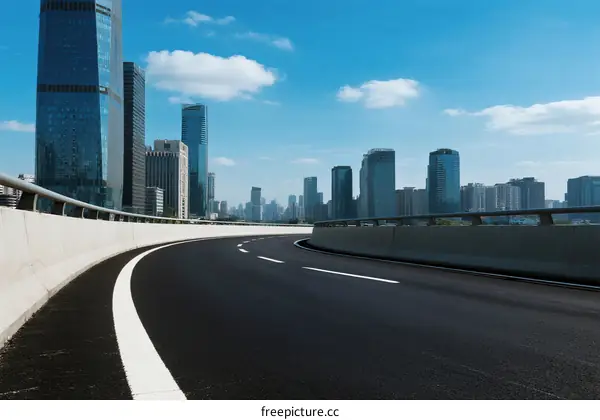 Modern city road with tall buildings under a clear blue sky