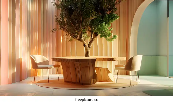 An organic interior space with a large tree in the center