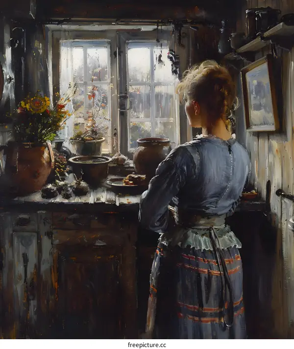 A woman standing in a kitchen looking out the window