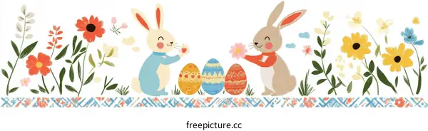 Easter Bunny Illustration with Colorful Eggs and Flowers