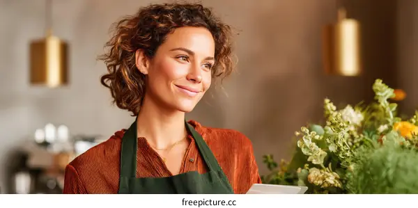 Woman Florist at Work in a Cafe