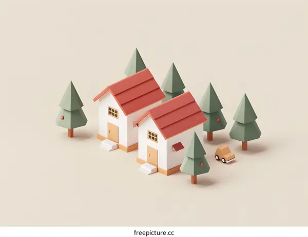 Low Poly 3D Illustration of Two Houses with Trees and a Small Car