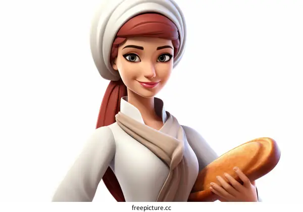 A female chef holding a baguette with a warm smile