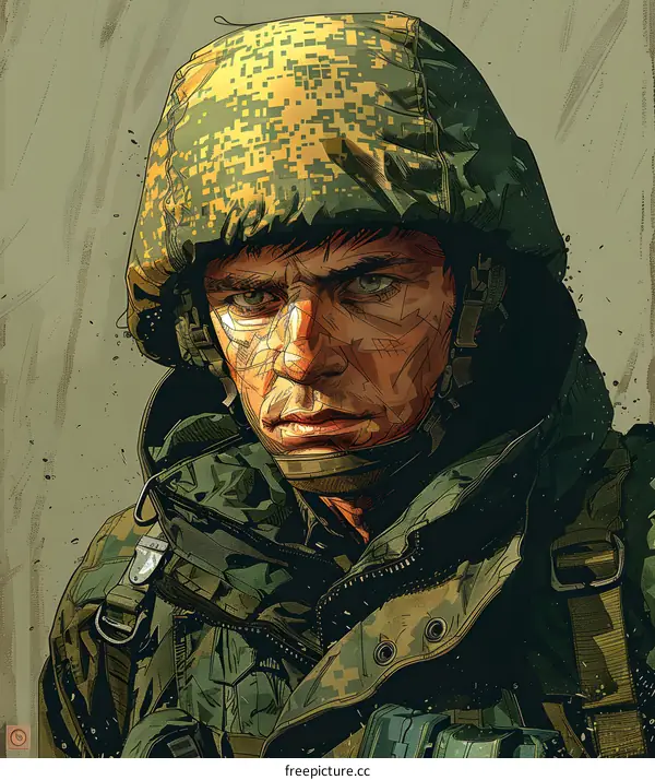 Portrait of a soldier wearing a military helmet