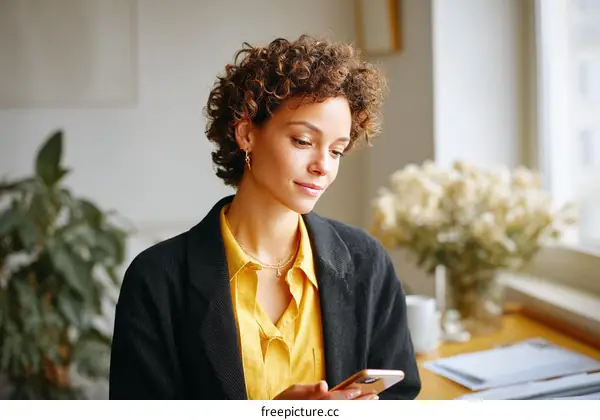 Woman looking at a smartphone in a stylish interior setting