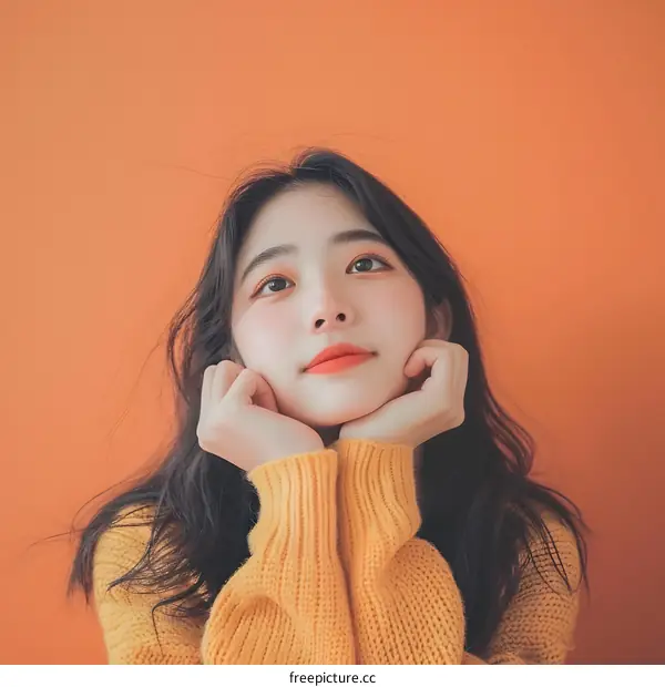 Beautiful Asian Woman Posing with Yellow Sweater