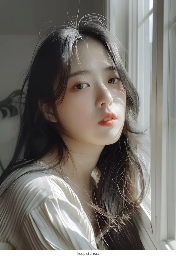 Portrait of a Young Asian Woman Looking Out a Window