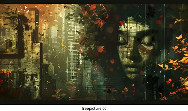 Digital Art Painting of Person In City With Leaves and Buildings