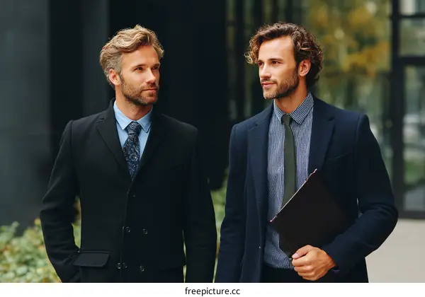 Two Caucasian Businessmen in Conversation Outdoors