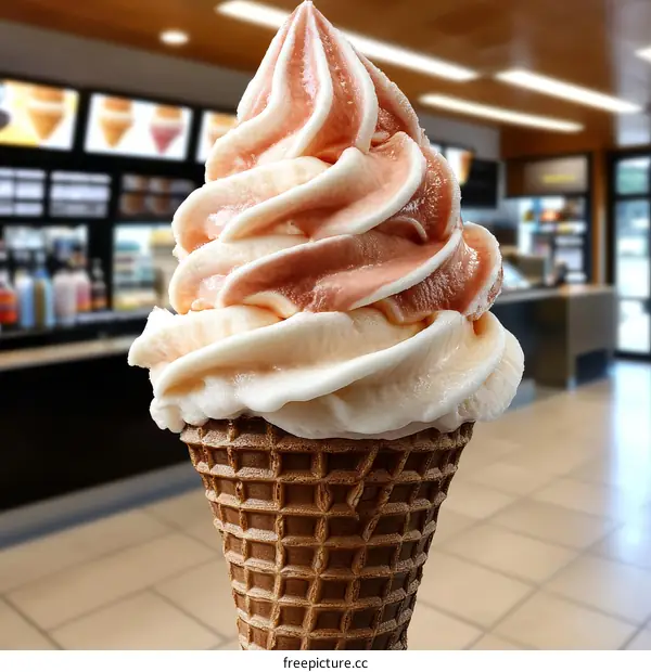 Delicious Double Scoop Ice Cream Cone in a Food Court