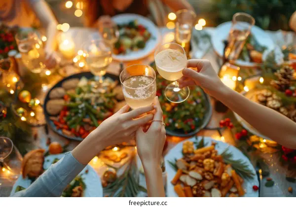Friends toasting champagne glasses at a holiday dinner party