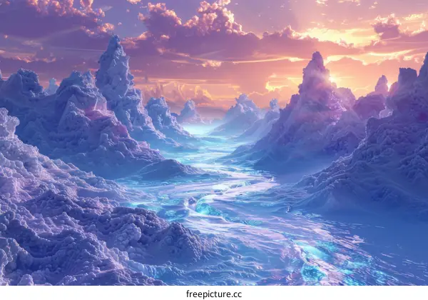 Fantasy landscape with floating islands and a river winding through