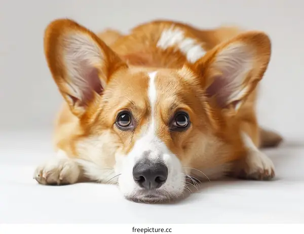 A cute corgi dog is lying on the floor