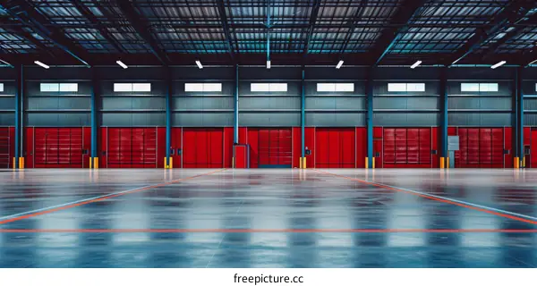 Expansive Warehouse Interior with Crimson Doors