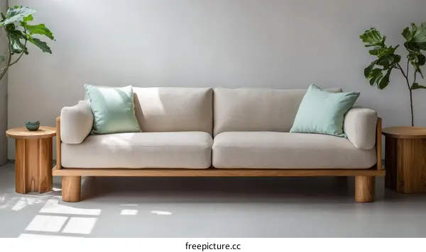 Modern Wooden Sofa with Light Beige Fabric
