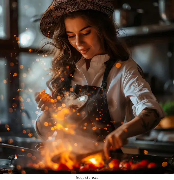 Female Chef Cooking with Fire in the Kitchen