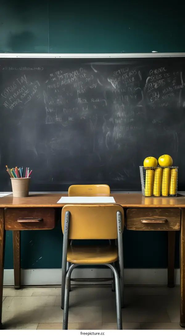 vintage school desk and chalkboard with supplies