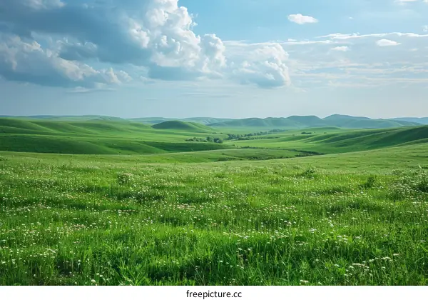 green rolling hills with white flowers under a blue sky