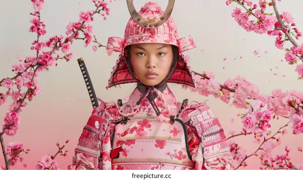 A woman wearing a pink samurai armor stands in front of a cherry blossom tree