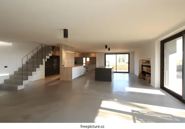 Modern Kitchen and Living Room with Concrete Stairs and Wooden Accents