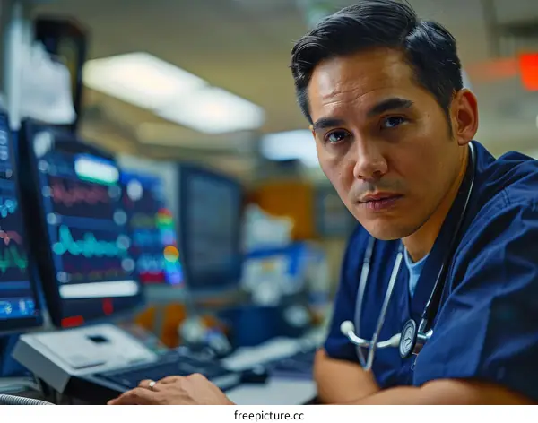 Portrait of a male doctor wearing blue scrubs in a hospital setting