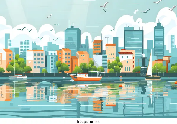 Waterfront Cityscape with Sailboats and Reflections