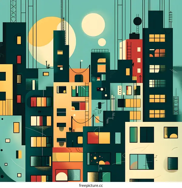 Abstract Cityscape Illustration with Colorful Buildings and Sun